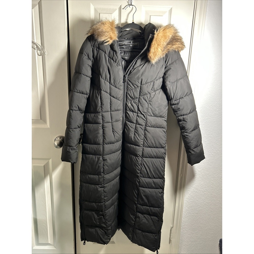 Bernardo EcoPlume Black Quilted Puffer Maxi Coat Size S Fur Hood Detachable